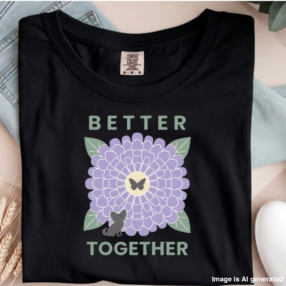 Black t-shirt with a purple flower and butterfly graphic and 'Better Together' text.