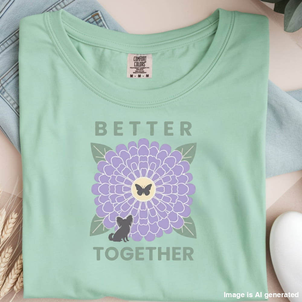 Light green t-shirt with a purple flower and text design on a neutral background