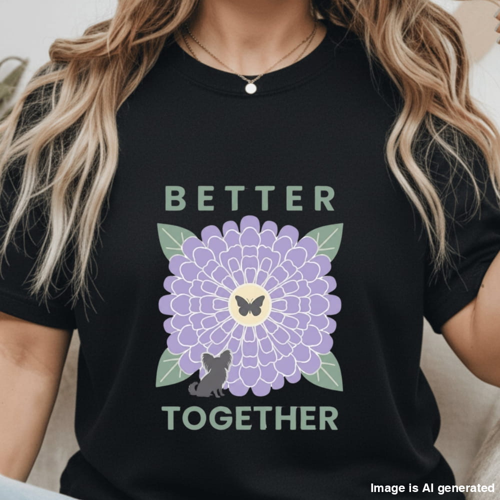 Person wearing a black t-shirt with a purple flower and text design.