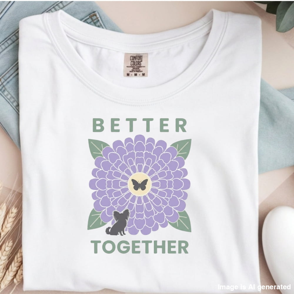White t-shirt with a purple flower graphic and text 'Better Together' on a neutral background