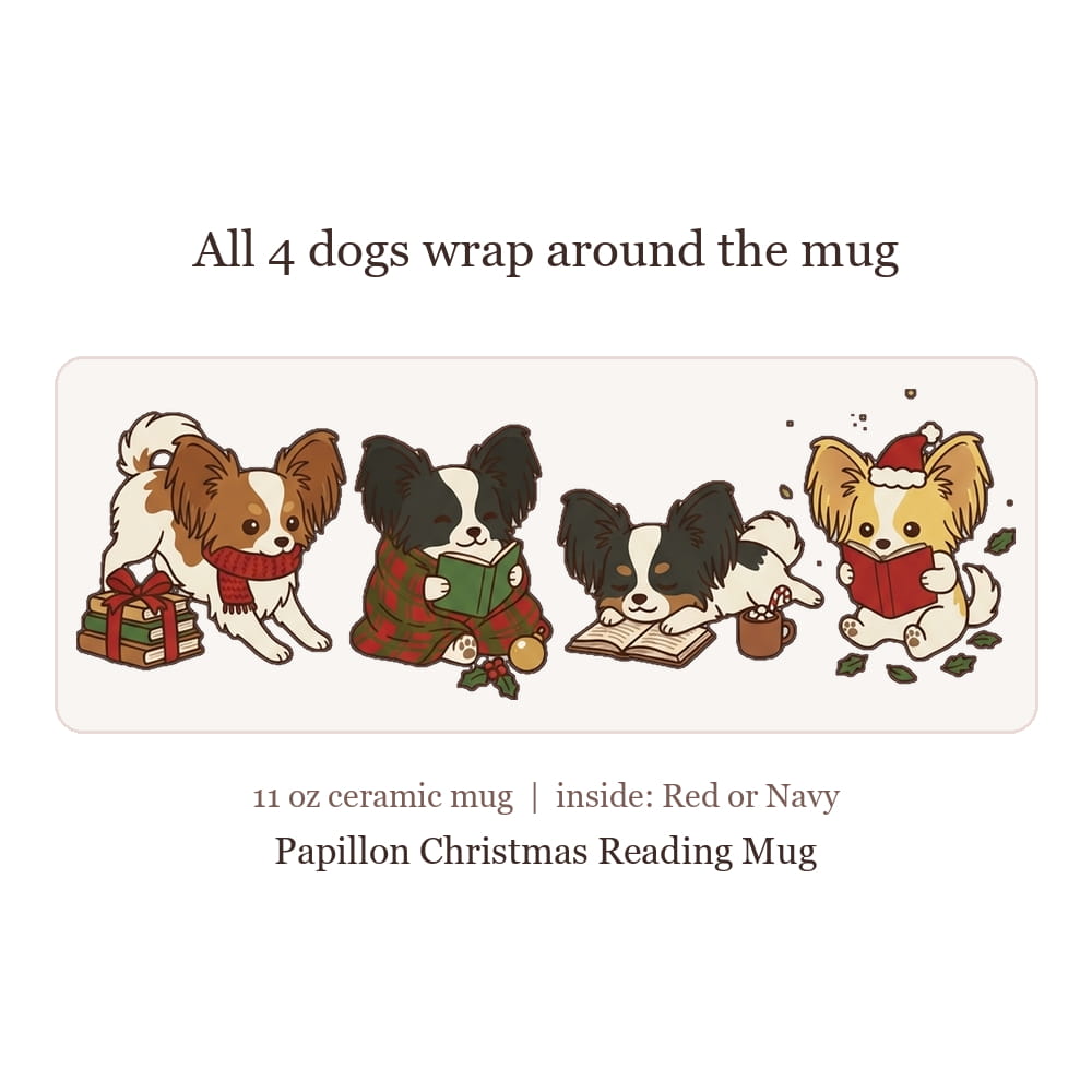 A product graphic showing a ceramic mug design with four cute Papillon dogs reading and wrapping gifts around the mug, with text reading 'All 4 dogs wrap around the mug' and '11 oz ceramic mug | inside: Red or Navy Papillon Christmas Reading Mug'.
