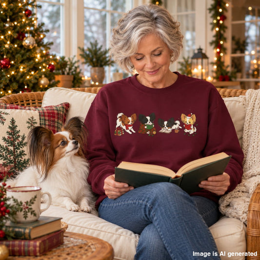 Woman in a maroon Papillon Christmas Reading Sweatshirt reading a book in a cozy, Christmas-decorated room with her small dog beside her