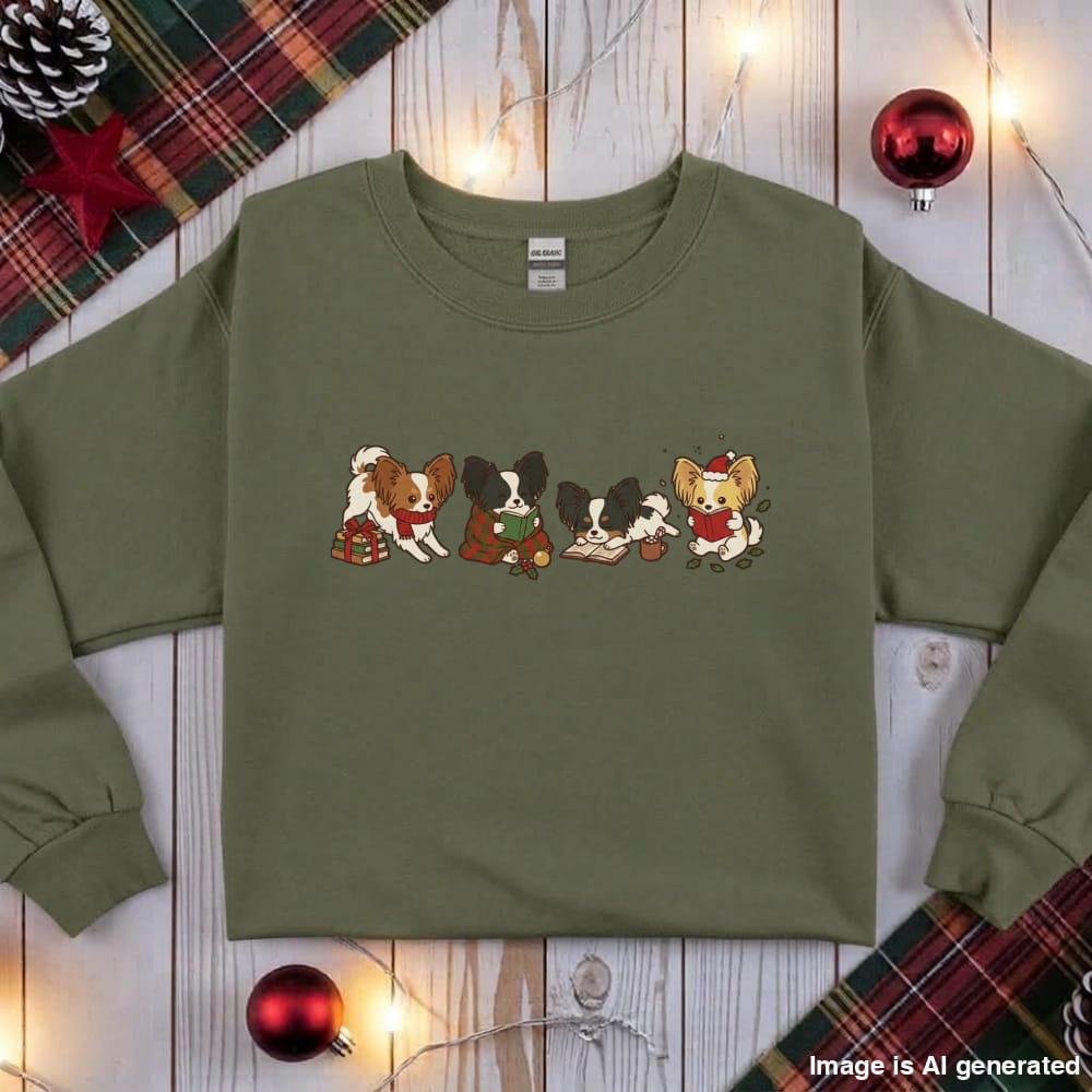 Military green Papillon Christmas Reading Sweatshirt, flat lay with holiday ornaments, string lights and plaid fabric