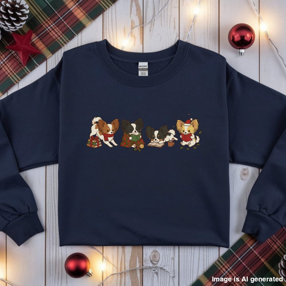 Navy Papillon Christmas Reading Sweatshirt, flat lay with holiday ornaments, string lights and plaid fabric