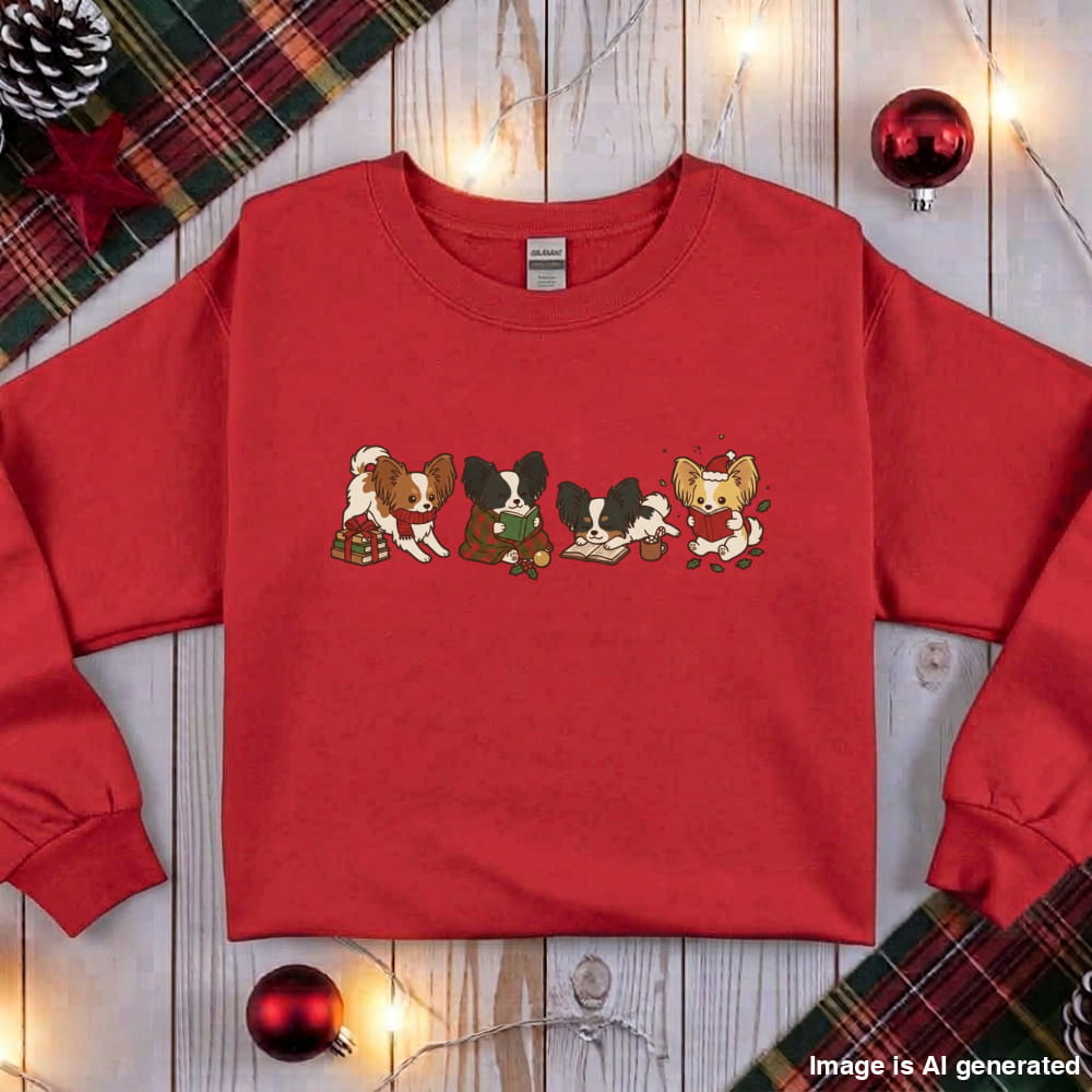 Red Papillon Christmas Reading Sweatshirt, flat lay with holiday ornaments, string lights and plaid fabric