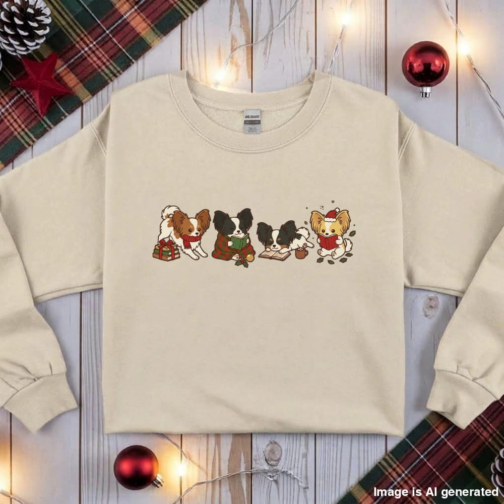 Sand Papillon Christmas Reading Sweatshirt, flat lay with holiday ornaments, string lights and plaid fabric
