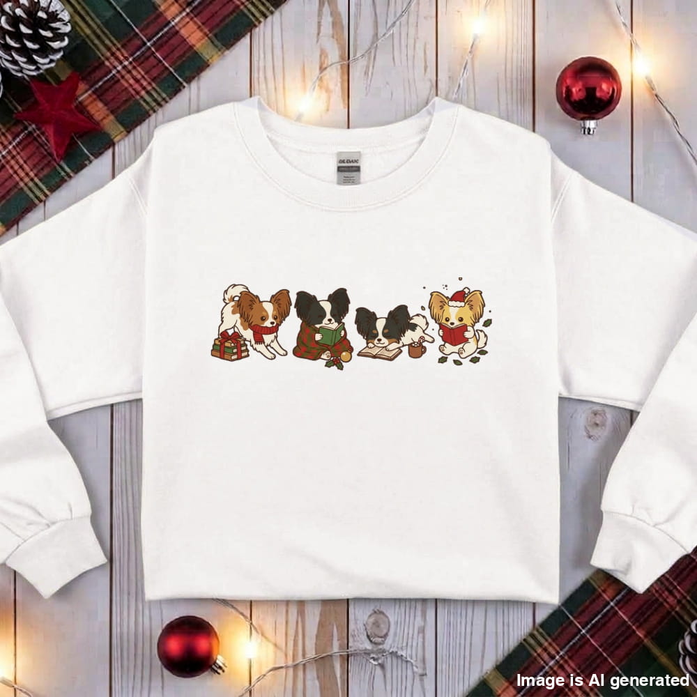 White Papillon Christmas Reading Sweatshirt, flat lay with holiday ornaments, string lights and plaid fabric