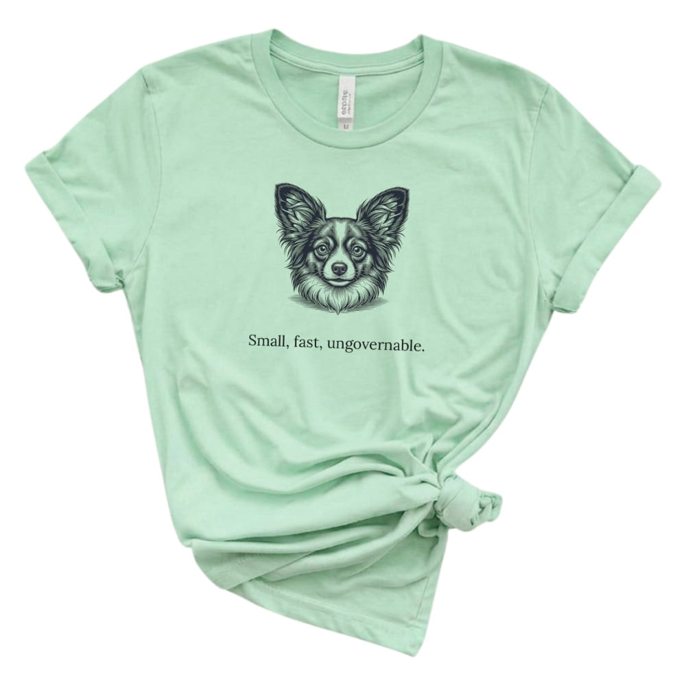Mint green t-shirt with a dog illustration and text on a white background
