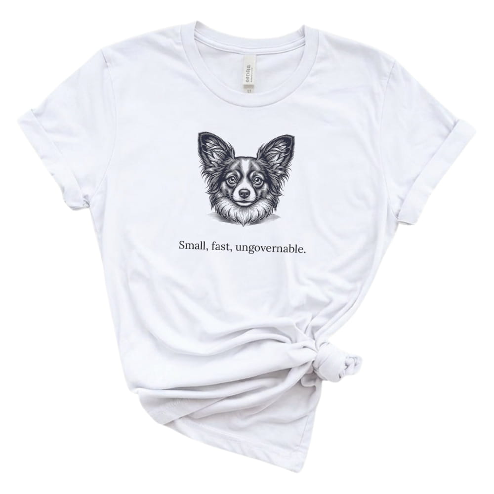 White t-shirt with a dog illustration and text on a white background