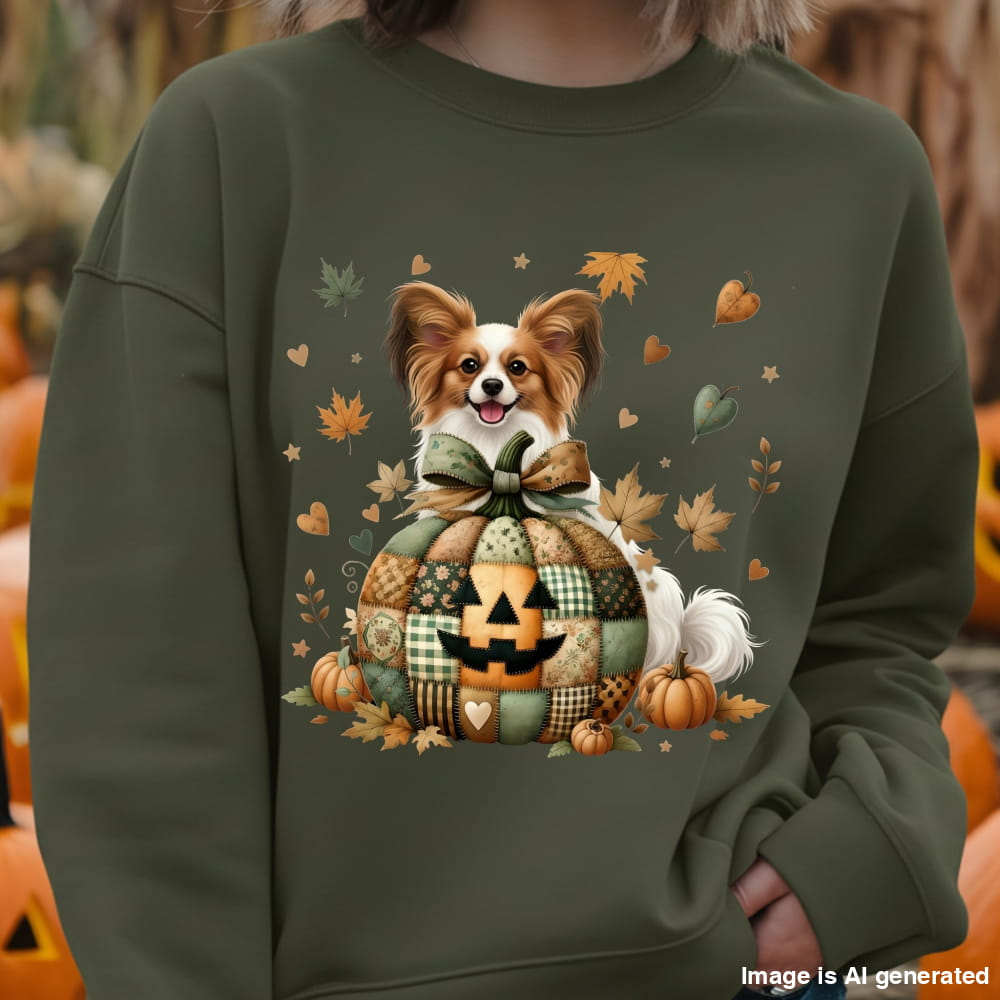 Green sweatshirt with a dog and pumpkin design, worn by a person.