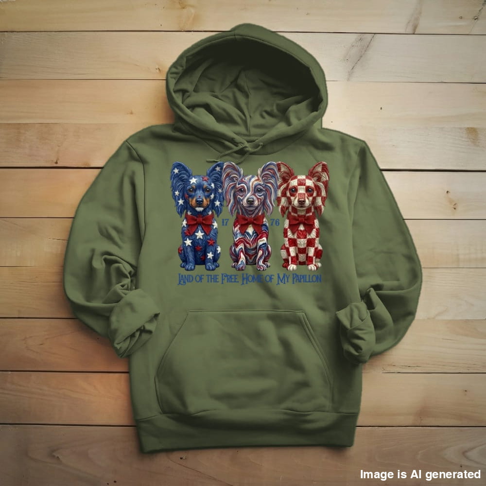 An olive green pullover hoodie laid flat on a light wood plank background. The front of the hoodie features a graphic of three Chihuahua dogs decorated in the American flag colors (blue with white stars, red and white stripes, and a red-and-white checkered pattern), with blue text underneath reading 'Know the face of our family'.