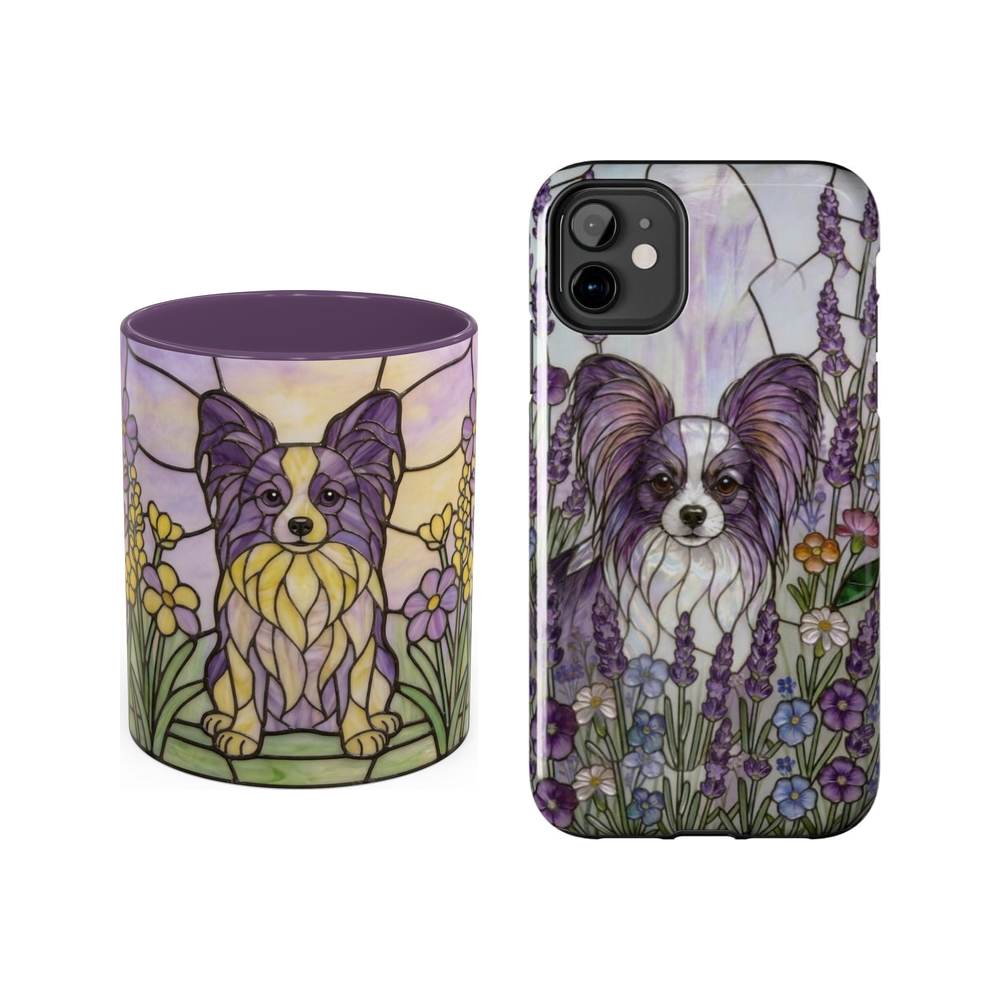 Papillon Lavender Floral stained glass style mug and phone case set on a white background.