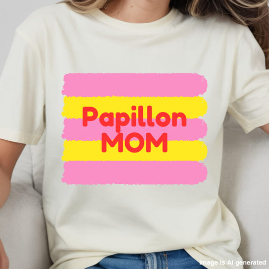 White t-shirt with 'Weenie Mom' text in red and pink on a white background