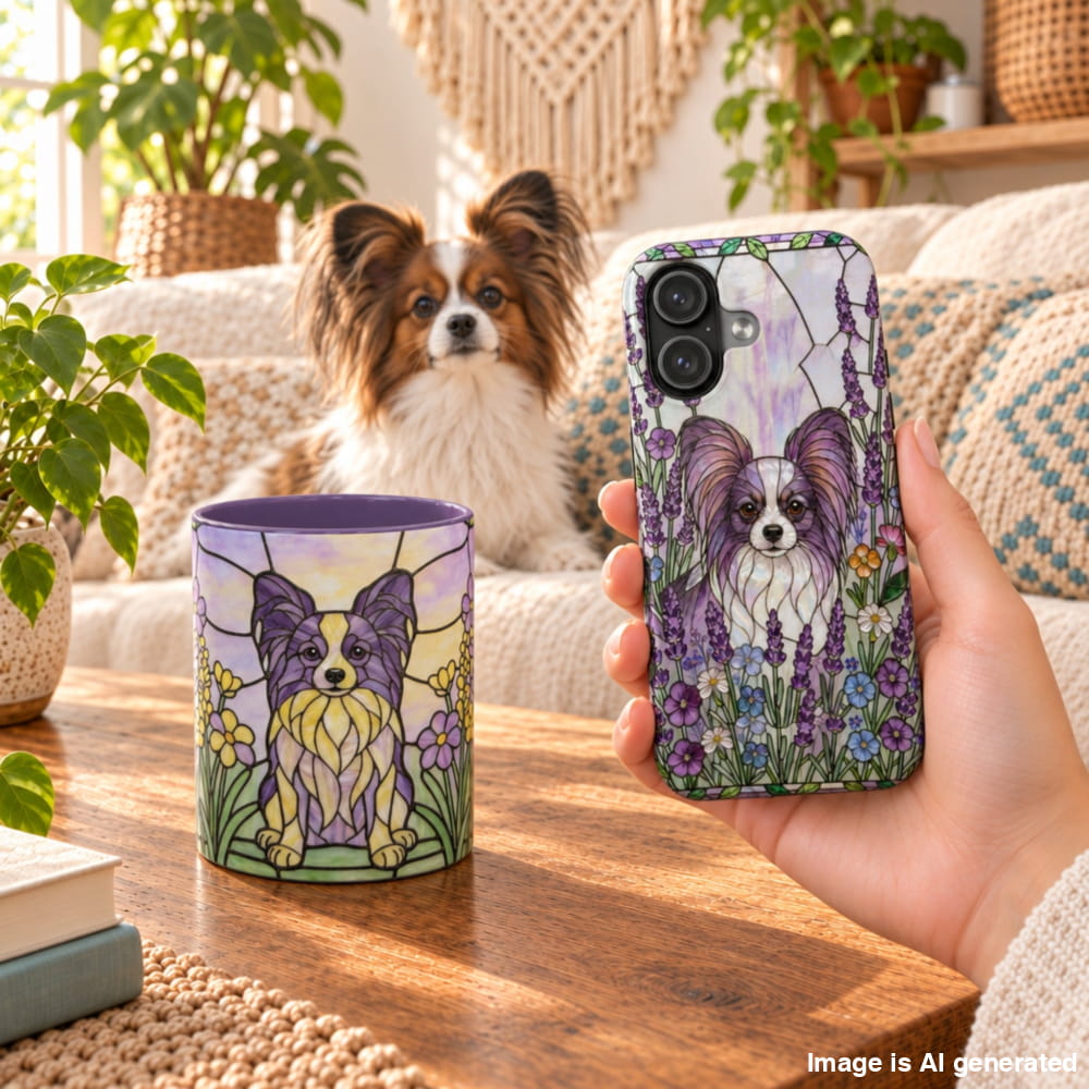 A hand holds a smartphone case and a matching mug featuring a stylized butterfly-shaped dog illustration in purple, lavender, green, and yellow tones. A real dog sits on a couch in the background of a cozy living room, with plants and home decor visible.