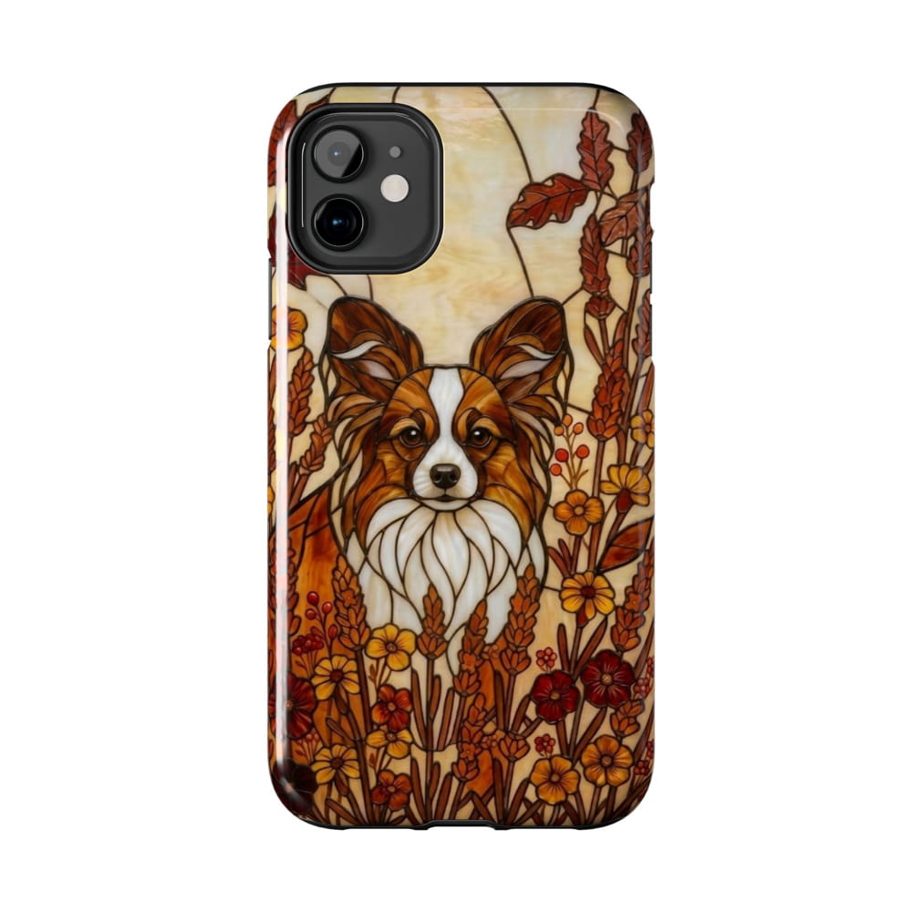 Phone case with a dog illustration in a floral design on a white background