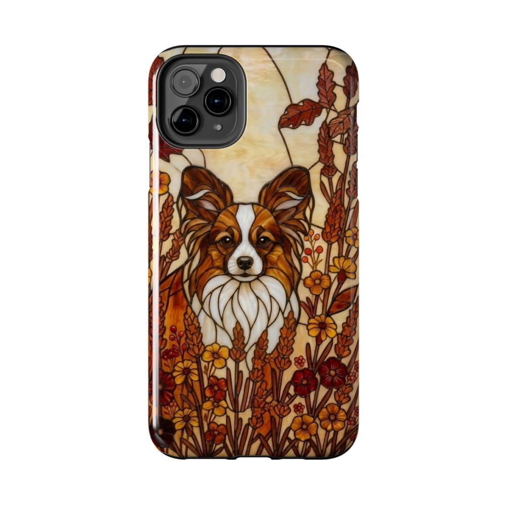 Phone case with a dog illustration in a floral pattern on a white background