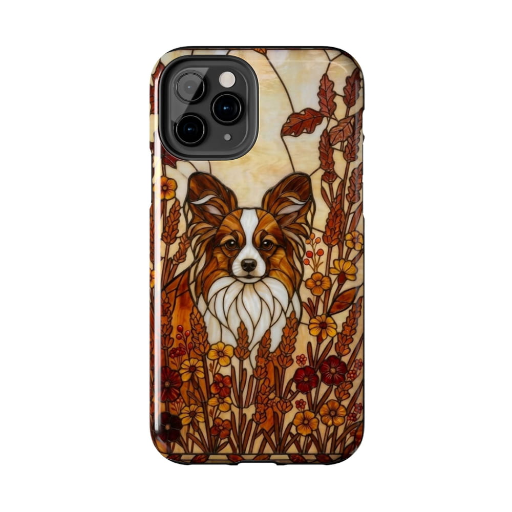 Phone case with a dog illustration in a floral pattern on a white background