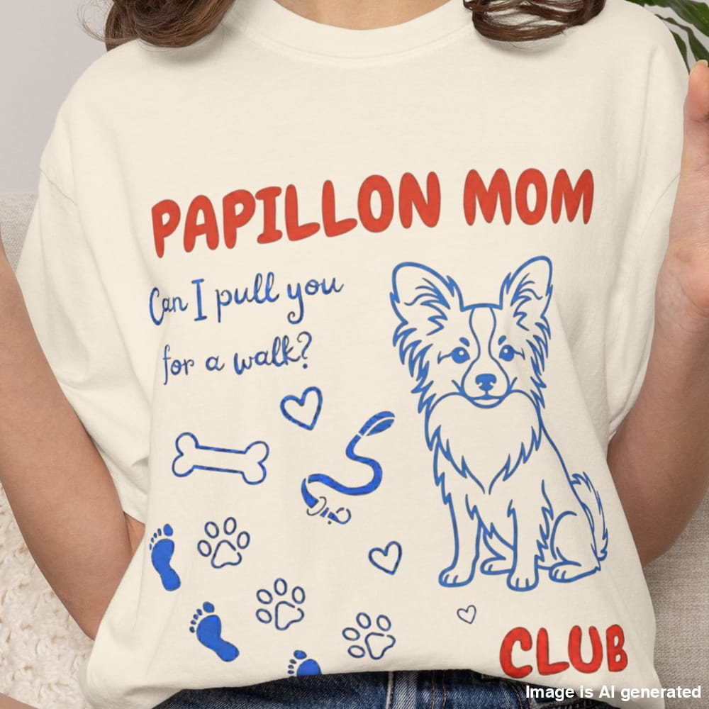 White t-shirt with 'Papillon Mom' design featuring a dog illustration and text.