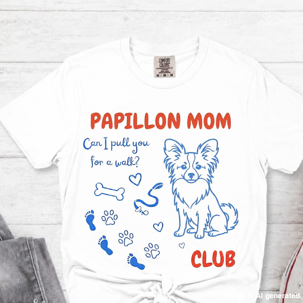 White t-shirt with Papillon dog graphics and text on a white background