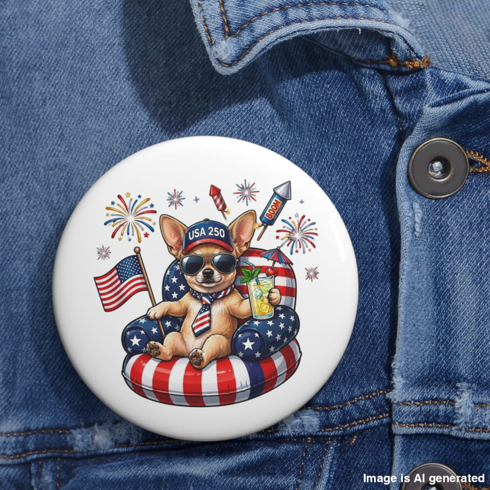 Button with a dog design featuring American flags and fireworks on a denim jacket.