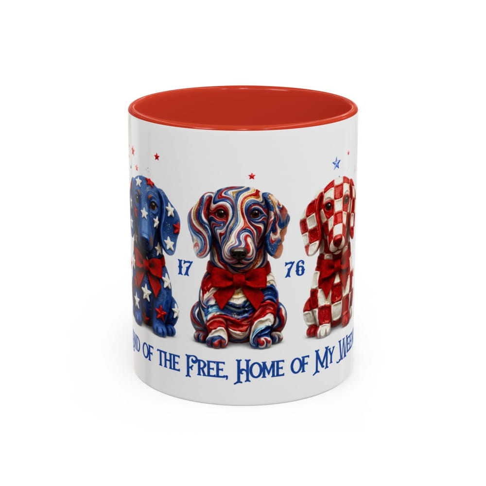 Mug with patriotic design of dogs and text on a white background