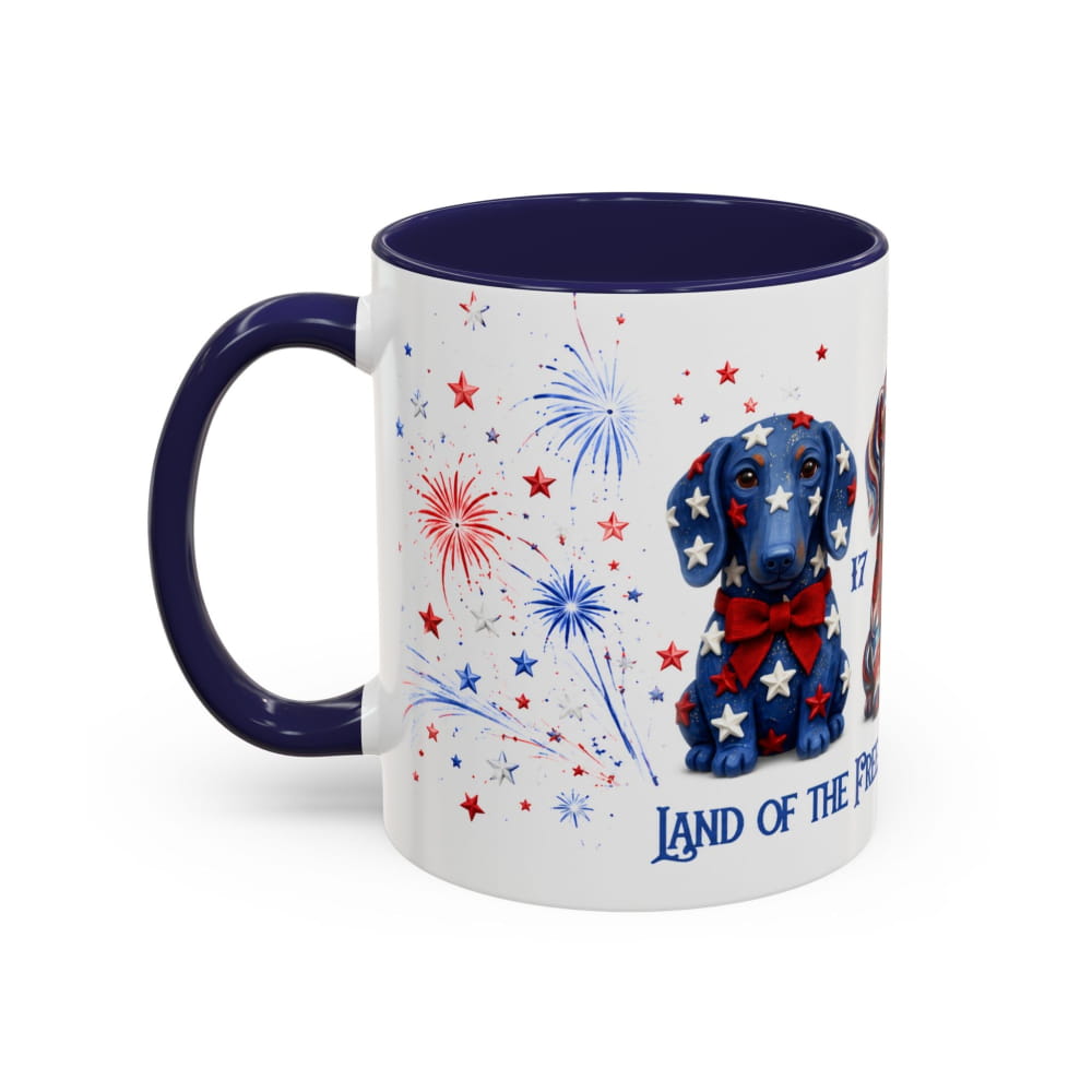 Mug with a dachshund design and patriotic elements on a white background