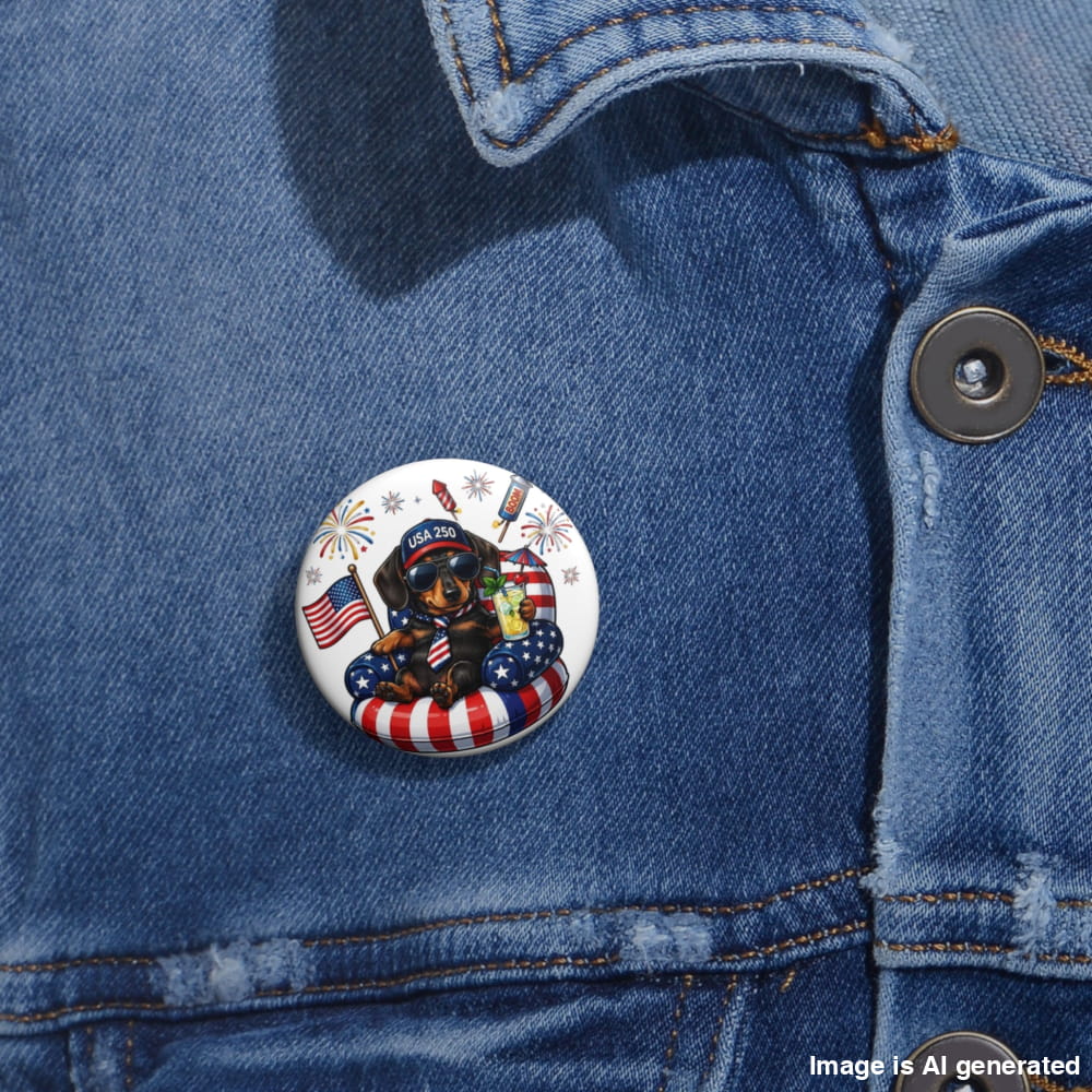 Button with a dog and American flag design on a blue denim jacket