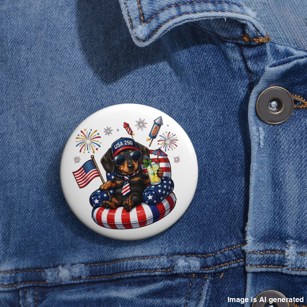Button with a dog in a life buoy and American flag design on a denim jacket.