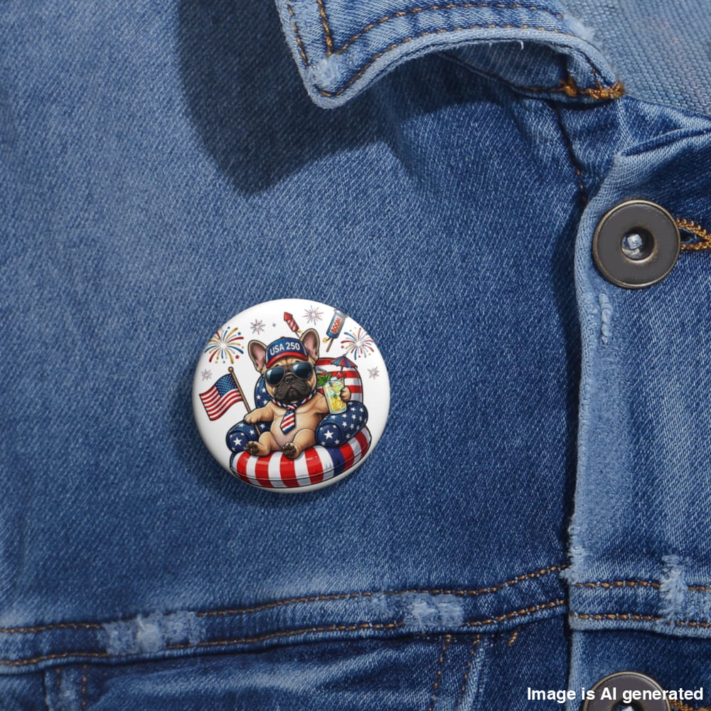Button with a dog wearing an American flag outfit on a blue denim jacket.