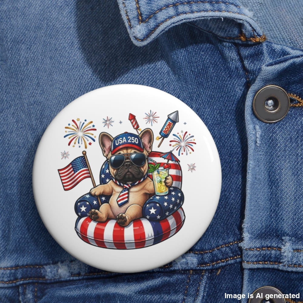 Button with a dog design featuring American flags and fireworks on a denim jacket.