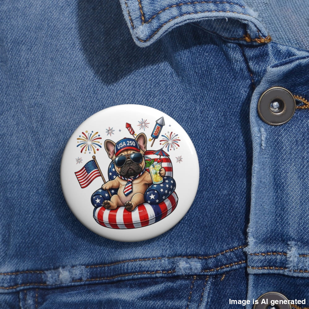 Button with a dog wearing sunglasses and an American flag hat on a denim jacket.