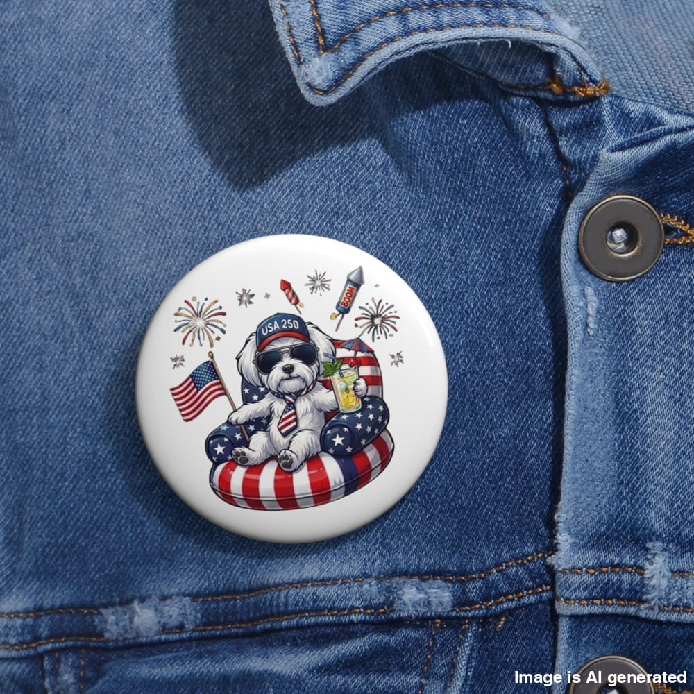 Button with a dog design featuring American flags and fireworks on a denim jacket.