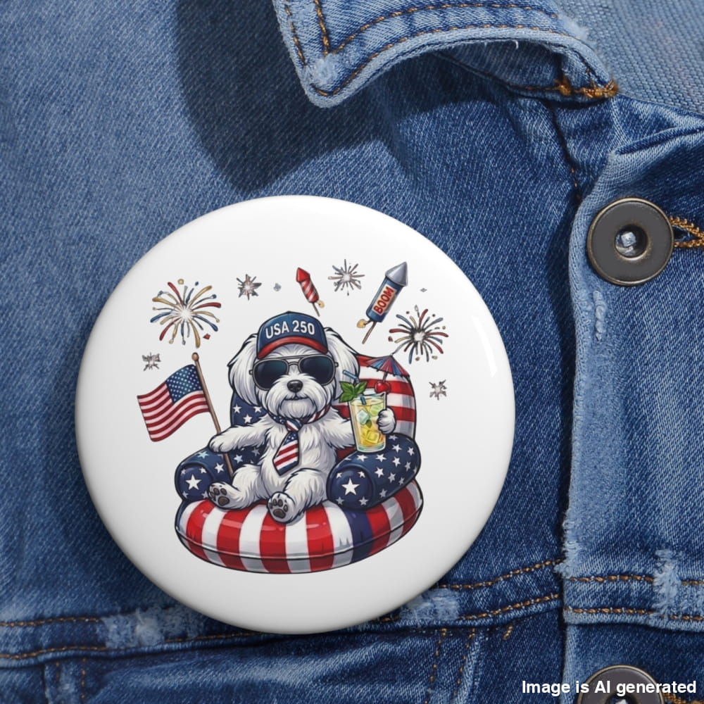 Button with a dog design featuring American flags and fireworks on a denim jacket.