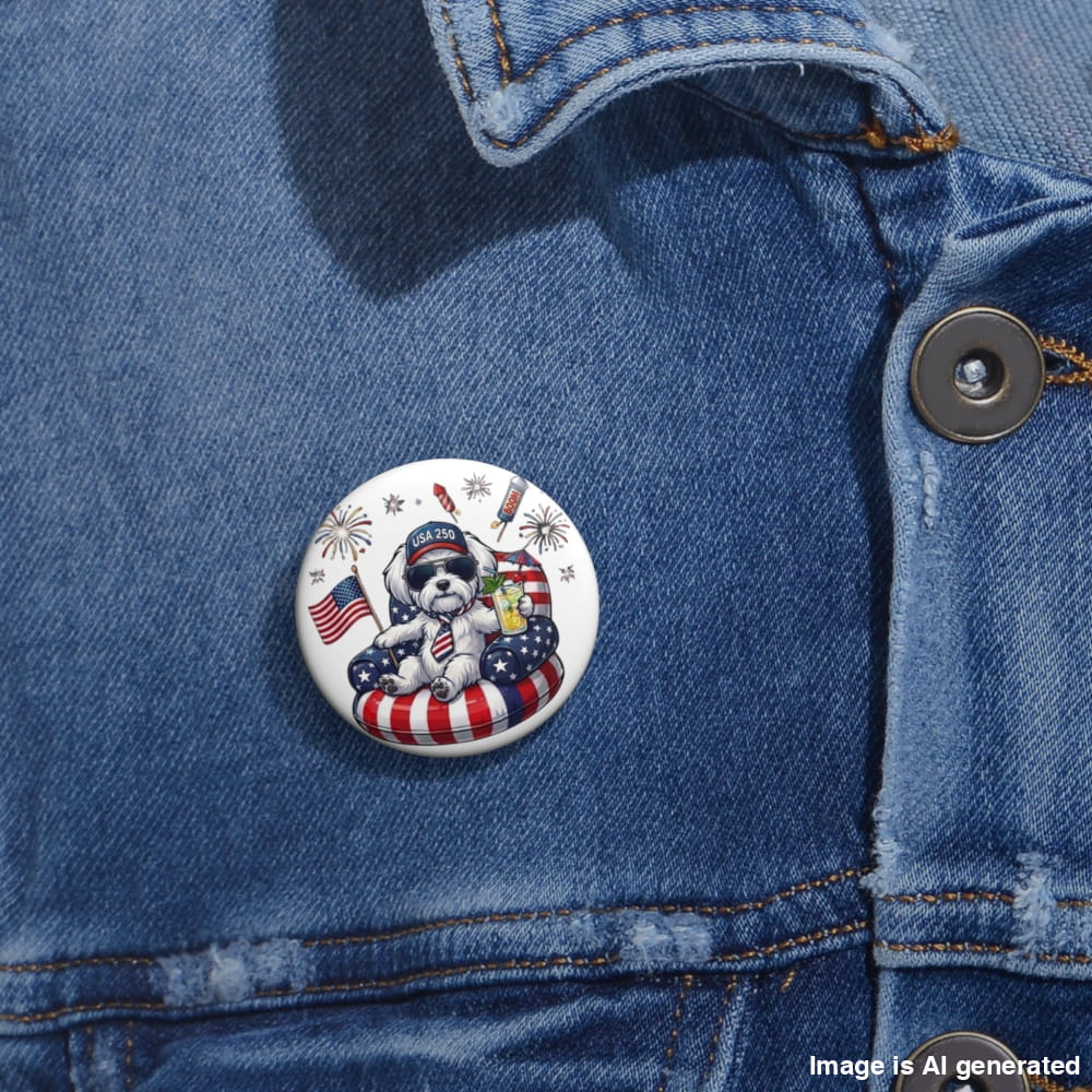 Button with a patriotic design on a blue denim jacket