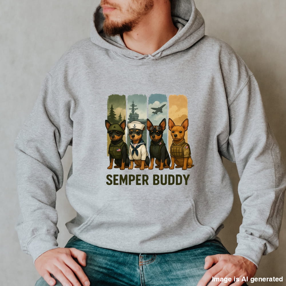 Man wearing a grey "Semper Buddy" Miniature Pinscher unisex Hoodie with patriotic military dog design