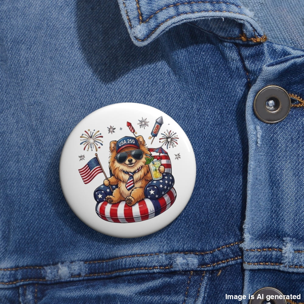 Button with a dog design featuring American flags and fireworks on a denim jacket.