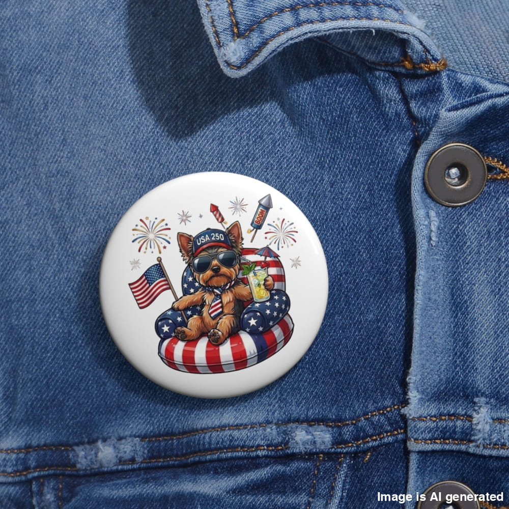 Button with a bear design featuring American flags and fireworks on a denim jacket.