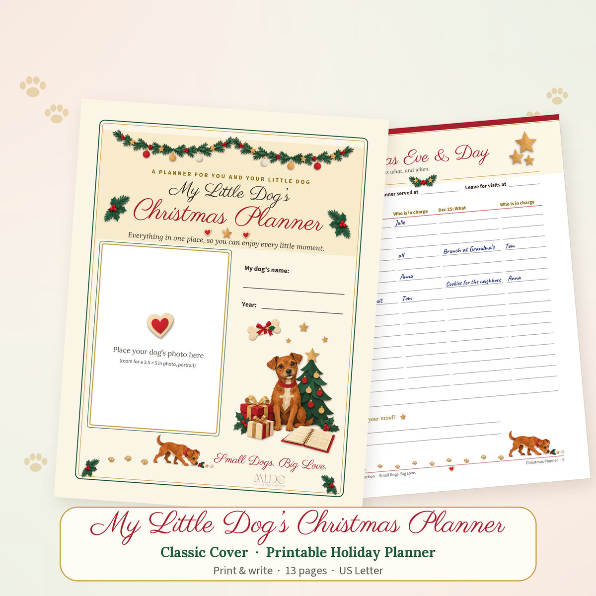 Printable Christmas planner with the classic cover showing a small brown dog by a Christmas tree and gifts, next to an inside page