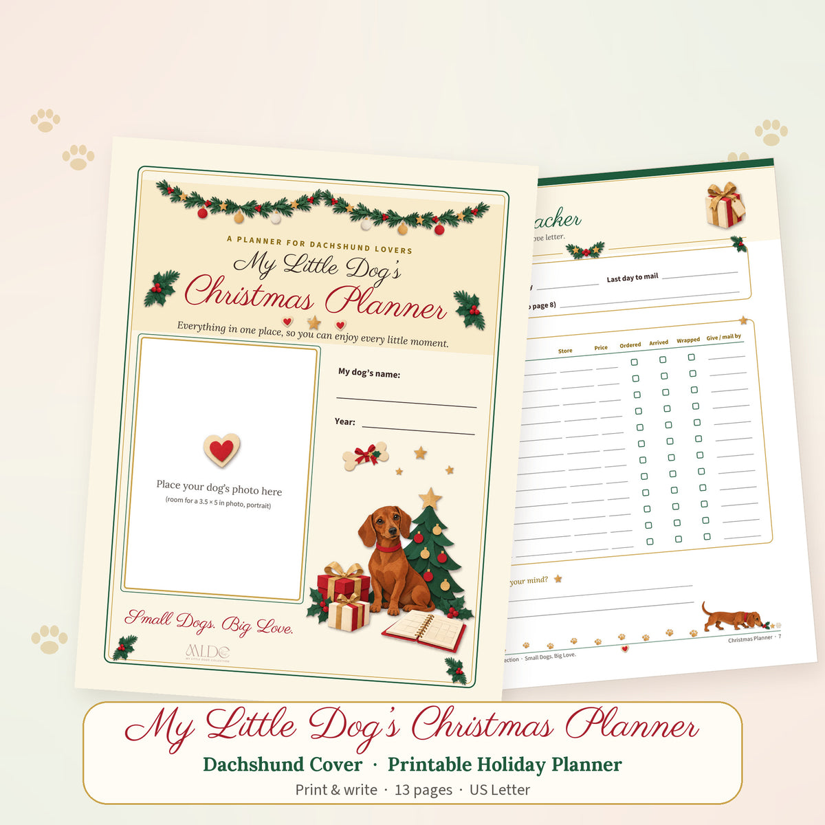 Printable Christmas planner with the Dachshund cover showing a red Dachshund by a Christmas tree and gifts, next to an inside page with the breed sniffing along the footer