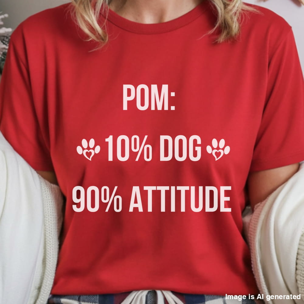 Red t-shirt with white text and paw prints worn by a person.