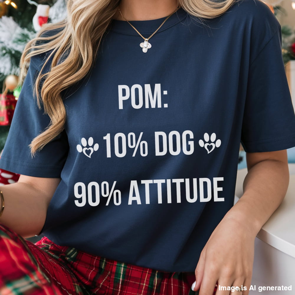 Person wearing a navy blue t-shirt with humorous text design, sitting in a festive setting.