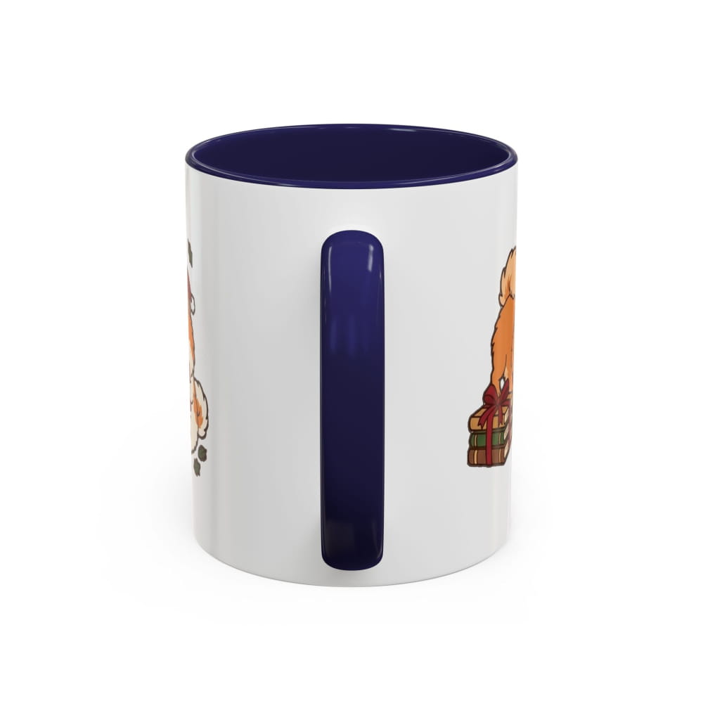 White ceramic mug with a navy interior and navy handle, back view with partial Pomeranian illustrations on either side of the handle.