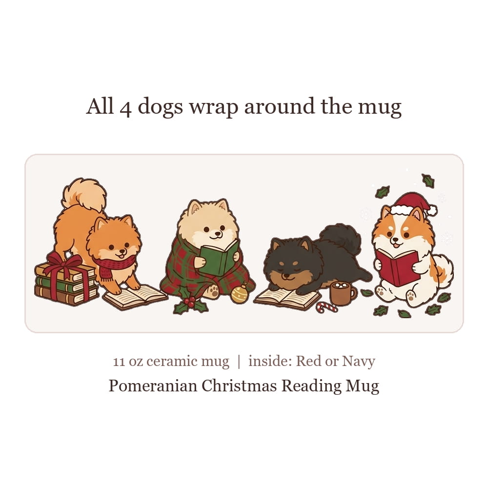 A product listing graphic for a ceramic mug featuring four Pomeranian dogs reading books around a mug, with text stating 'All 4 dogs wrap around the mug' and '11 oz ceramic mug | inside: Red or Navy'.