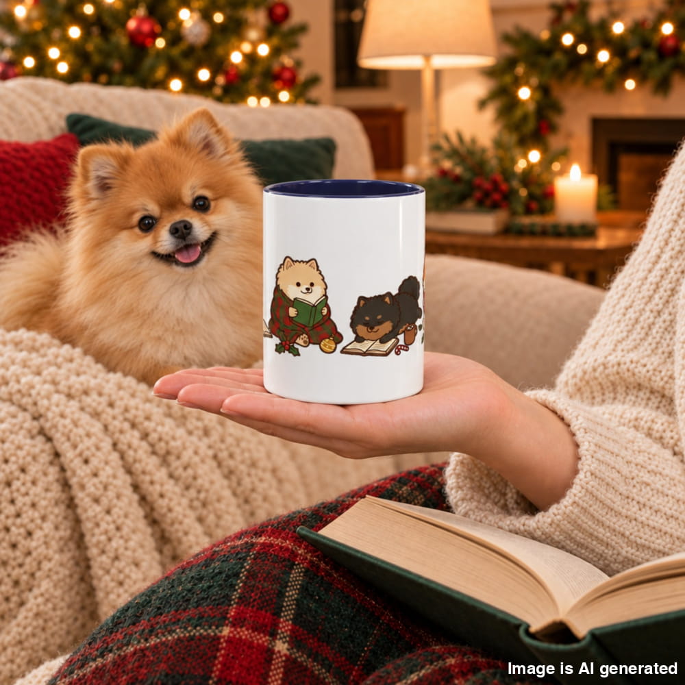 A hand holds a white ceramic mug with a navy interior and a Christmas illustration of Pomeranians reading, while a real orange Pomeranian rests on a cozy couch.