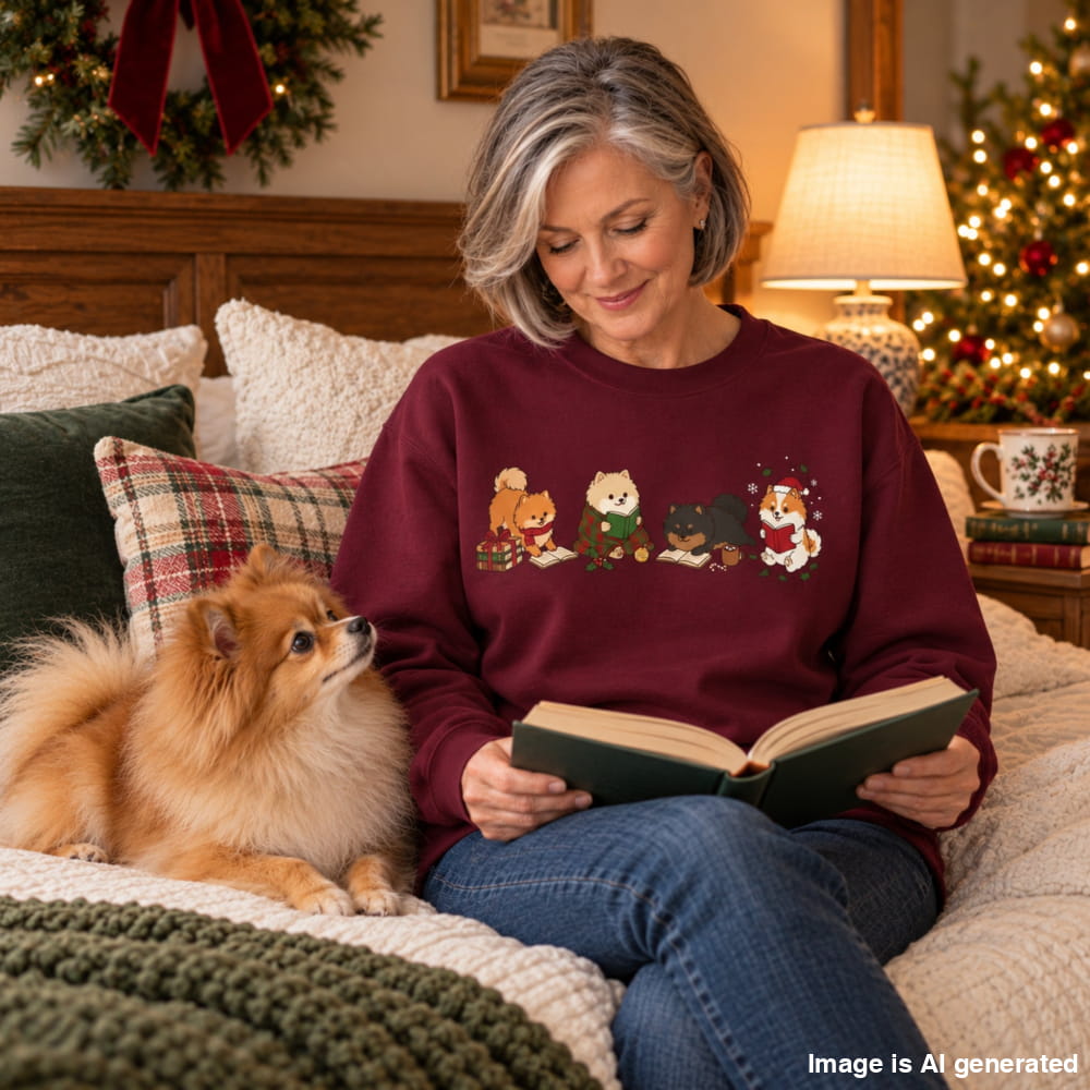 Woman in a maroon Pomeranian Christmas Reading Sweatshirt reading a book in a cozy, Christmas-decorated room with her small dog beside her