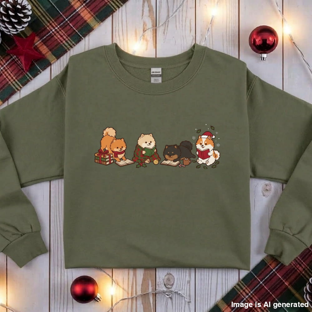 Military green Pomeranian Christmas Reading Sweatshirt, flat lay with holiday ornaments, string lights and plaid fabric