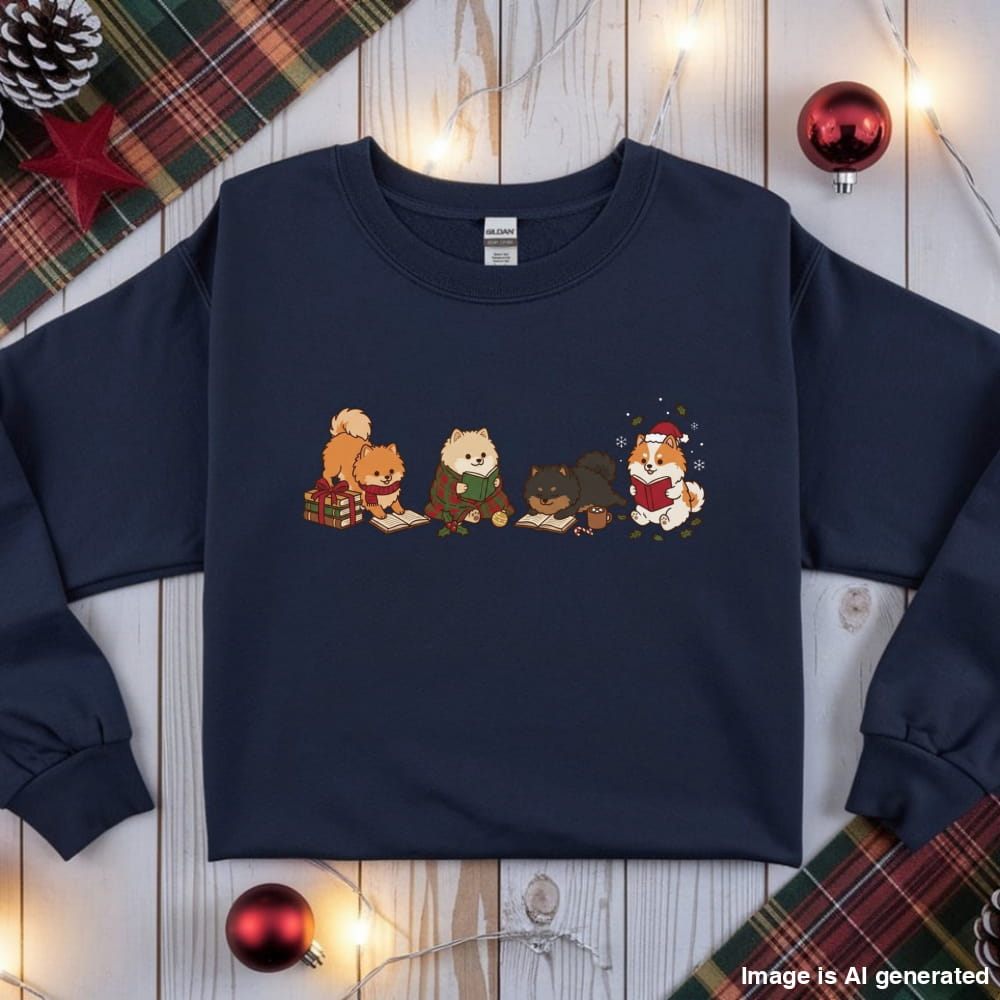 Navy Pomeranian Christmas Reading Sweatshirt, flat lay with holiday ornaments, string lights and plaid fabric