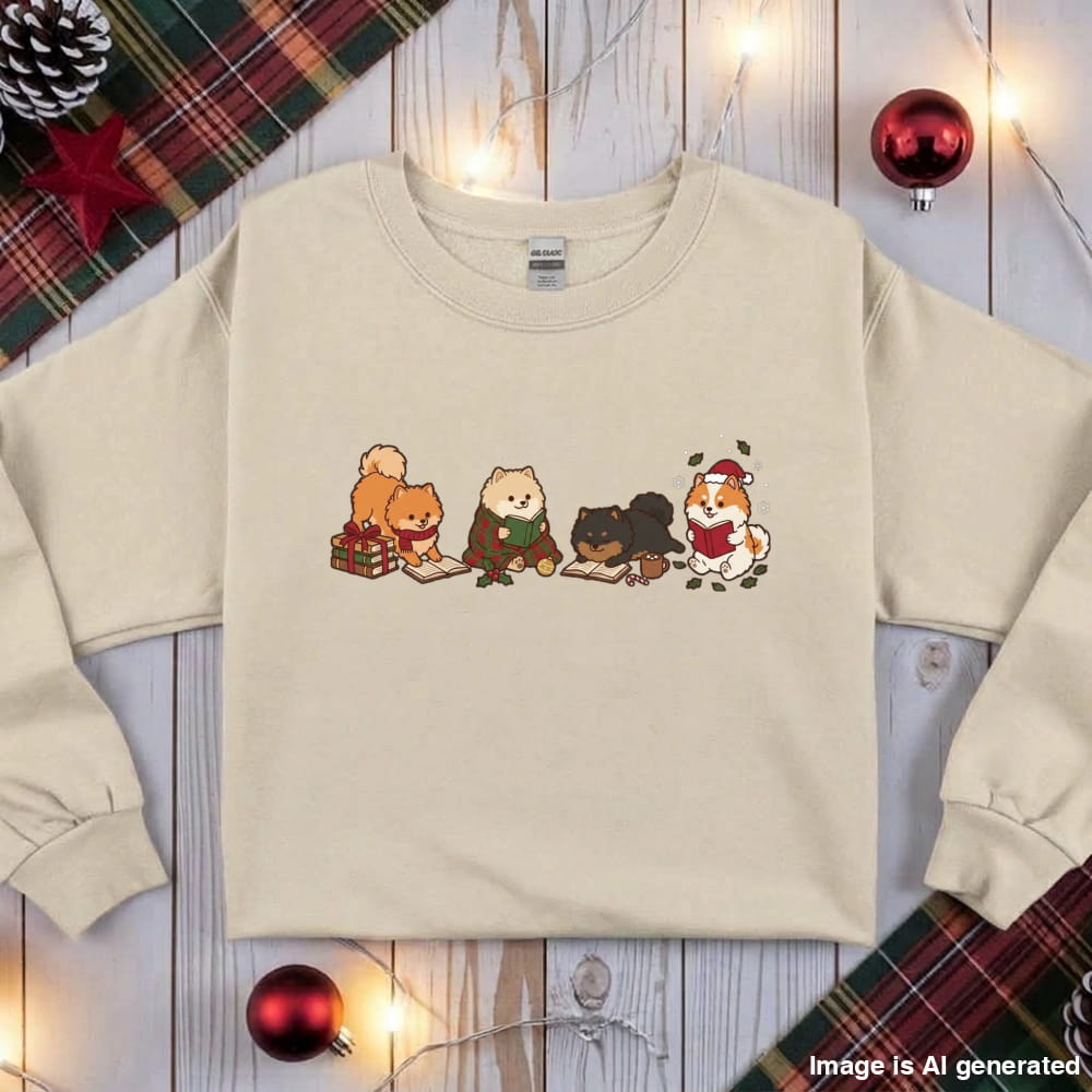 Sand Pomeranian Christmas Reading Sweatshirt, flat lay with holiday ornaments, string lights and plaid fabric