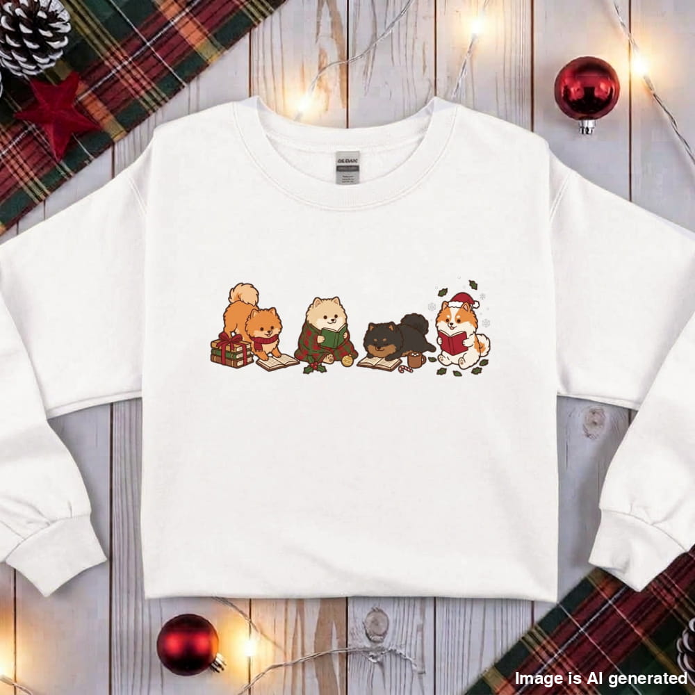 White Pomeranian Christmas Reading Sweatshirt, flat lay with holiday ornaments, string lights and plaid fabric