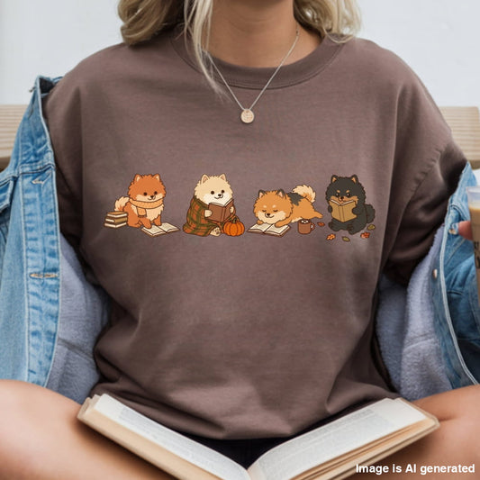 A person wearing a brown crewneck sweatshirt with a graphic of four cute dogs reading books, styled with an open denim jacket and holding an open book.